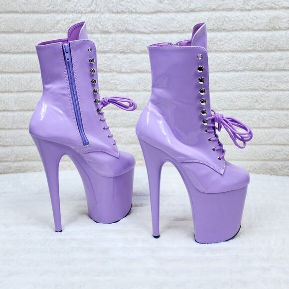 Lavender Lilac Purple Patent Platform 8" Heel Lace Up Ankle Boots Flamingo - Picture 2 of 7